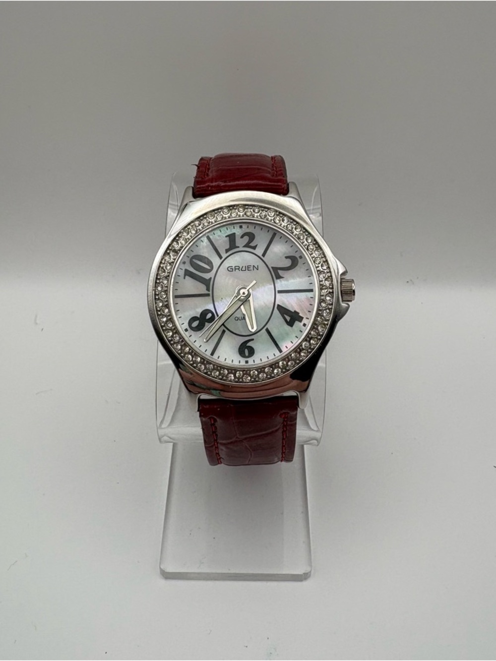 Gruen Crystal Bezel Mother-of-Pearl Dial Watch with Red Crocodile‎ Strap